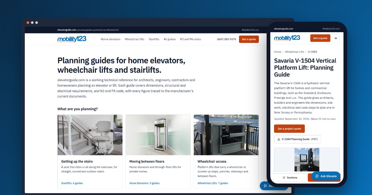 elevatorguide.com home page on a laptop and a planning guide on a phone